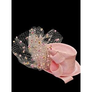 Vintage B Michael Pink Straw Hat Fascinator Mesh Netting Floral Statement Church